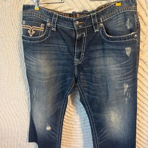 Rock Revival Dark Blue Distressed Relaxed cut off 3/4 short Jeans